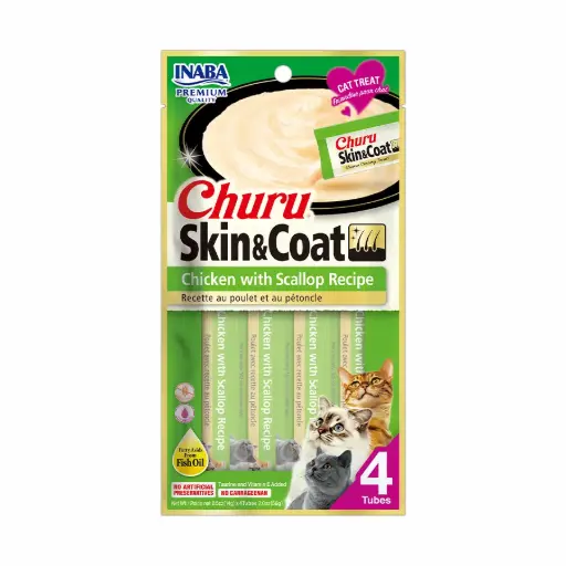[USA674 IN] INABA CAT SNACK CHURU 4 PIEZAS- SKIN & COAT CHICKEN WITH SCALLOP RECIPE  56 gr
