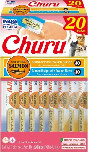 [USA630 IN] INABA CAT SNACK CHURU CAJA 20 PIEZAS -  VARIEDAD DE SALMON - POLLO Y VIERA 280 GR 