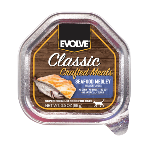 [700939 EVO] EVOLVE CAT CLASSIC BANDEJA CRAFTED MEALS SEAFOOD MEDLEY 3.5 OZ - 99 GR